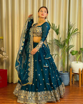 Hevay Embroidery Sequence work Teal Blue color Lehengha Choli